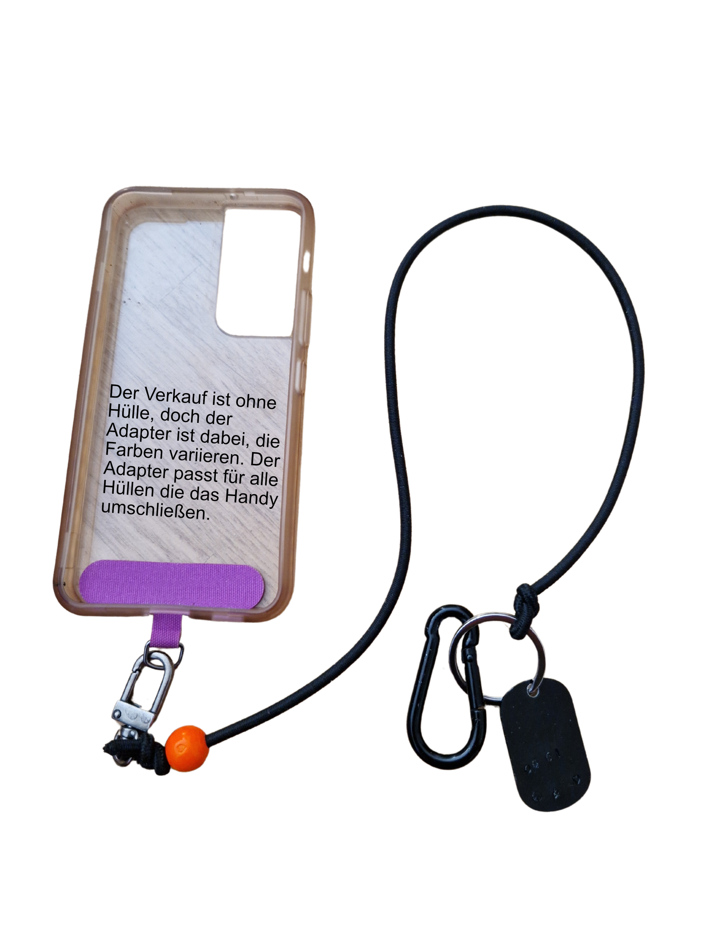 Original Phoneleash Schwarz Orange Handykette mit elastischem Band für sicheren, stilvollen Smartphone-Gebrauch. Detail Adapterbefestigung in der Handyhülle. In Deutschland gefertigt, bietet sie Langlebigkeit und ein dezentes Design mit einer Friedensbotschaft durch ein handgestanztes Peace-Zeichen und Herz.