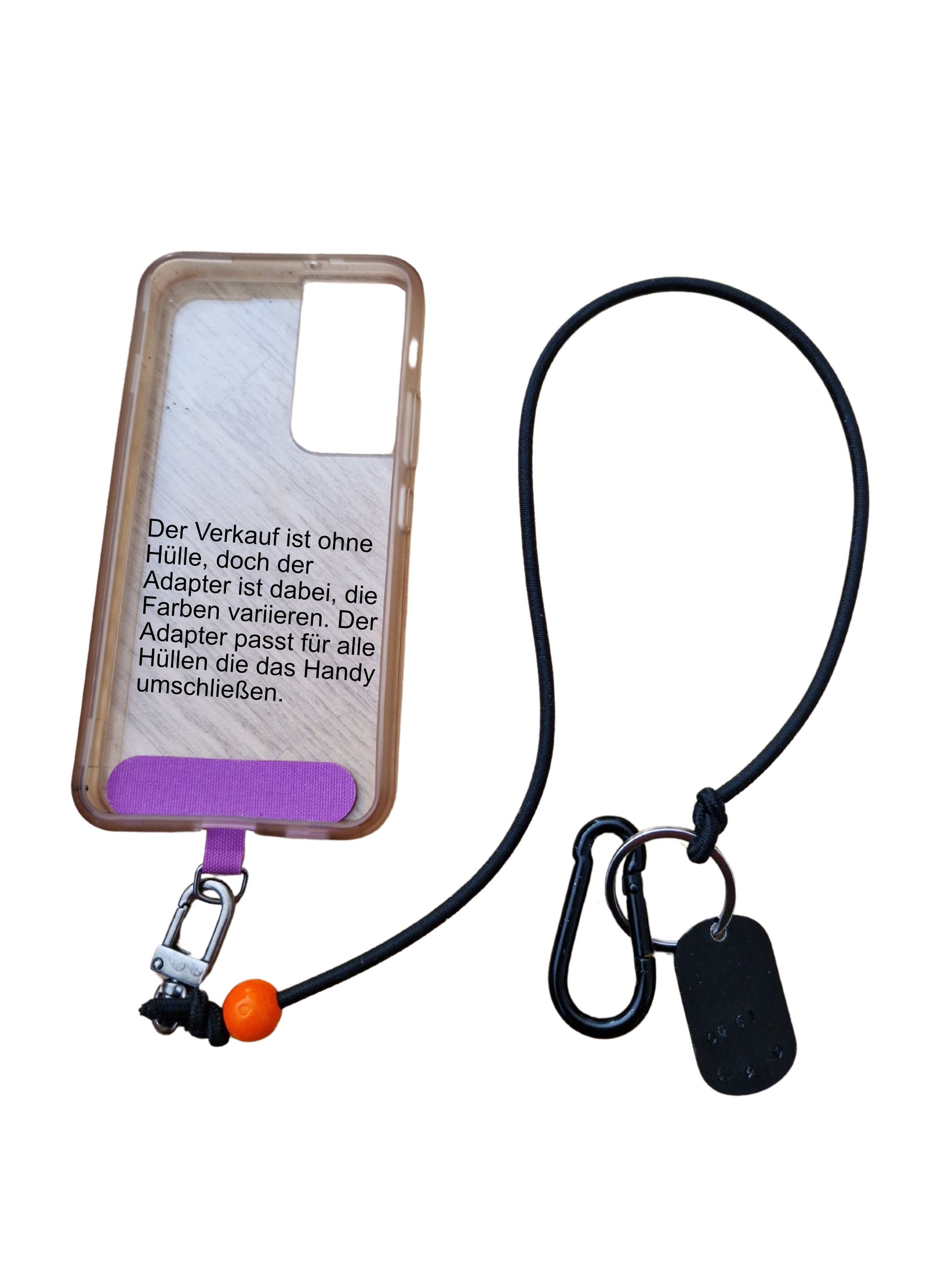 Original Phoneleash Schwarz Orange Handykette mit elastischem Band für sicheren, stilvollen Smartphone-Gebrauch. Detail Adapterbefestigung in der Handyhülle. In Deutschland gefertigt, bietet sie Langlebigkeit und ein dezentes Design mit einer Friedensbotschaft durch ein handgestanztes Peace-Zeichen und Herz.